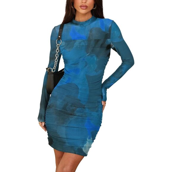 Women's Blue Print Long Sleeve Ruched Bodycon Neck Mini Party Dresse - Picture 2 of 5